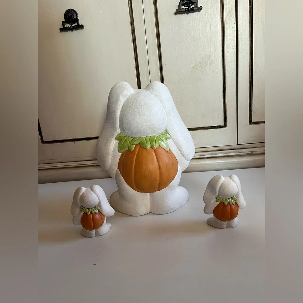 Vintage Easter Halloween Rabbit Bunny Figurines w/pumpkin stomach ceramic decor